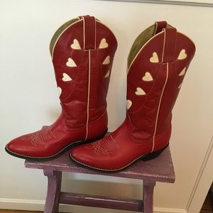 Justin Red Leather Cowboy Boots with White Hearts